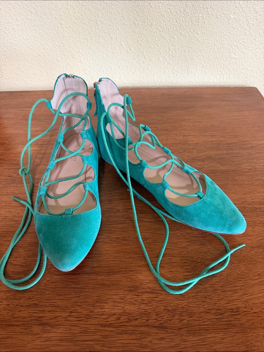 Nine West Teal Lace-Up Pointed Flats